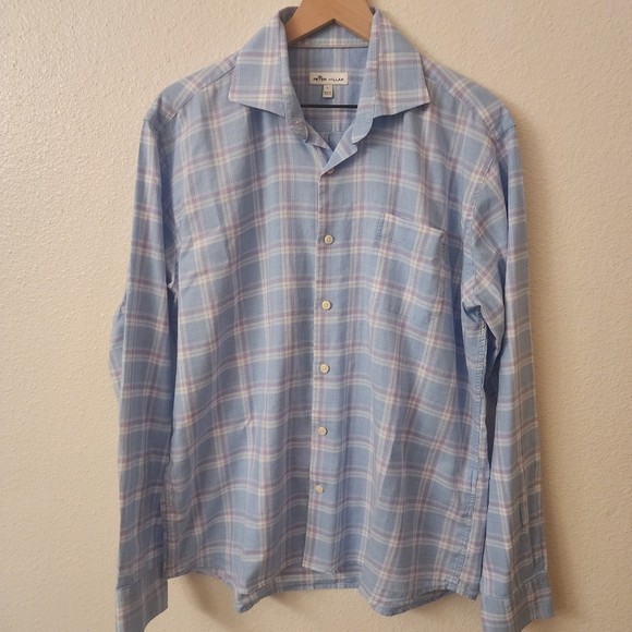 Peter Millar 100% Cotton Blue Plaid Button-Down Dress Shirt Mens Large - Picture 1 of 7